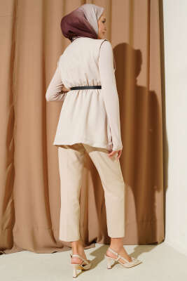 Bel Lastikli Kemerli Dabıl Yelek Bej - Yelek