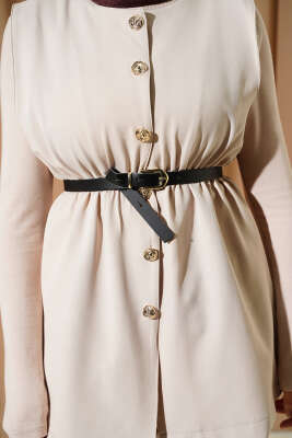 Bel Lastikli Kemerli Dabıl Yelek Bej - Yelek