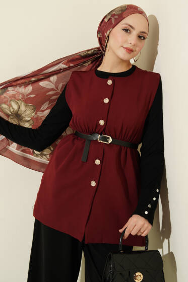 Bel Lastikli Kemerli Dabıl Yelek Bordo - Yelek