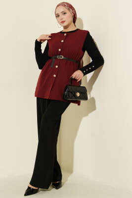 Bel Lastikli Kemerli Dabıl Yelek Bordo - Yelek