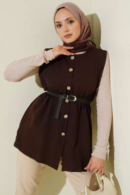 Bel Lastikli Kemerli Dabıl Yelek Kahve - DUFON