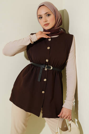 Bel Lastikli Kemerli Dabıl Yelek Kahve - Yelek