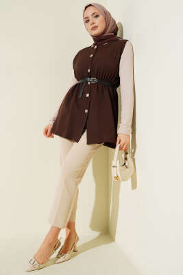 Bel Lastikli Kemerli Dabıl Yelek Kahve - Yelek