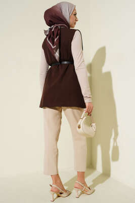 Bel Lastikli Kemerli Dabıl Yelek Kahve - Yelek