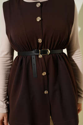 Bel Lastikli Kemerli Dabıl Yelek Kahve - Yelek