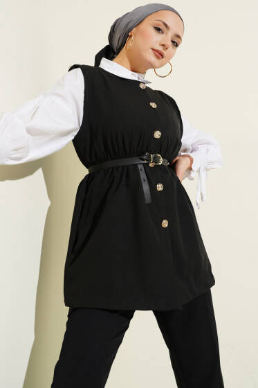 Bel Lastikli Kemerli Dabıl Yelek Siyah - Yelek