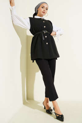 Bel Lastikli Kemerli Dabıl Yelek Siyah - Yelek