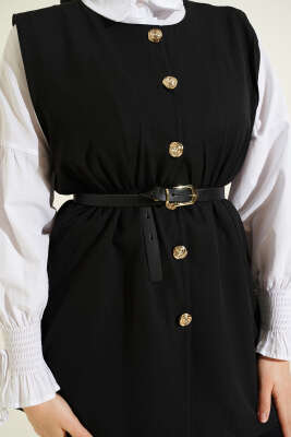 Bel Lastikli Kemerli Dabıl Yelek Siyah - Yelek