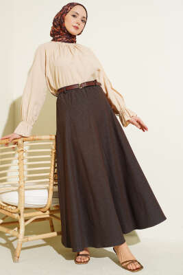 Bel Lastikli Kemerli Kot Etek Kahve - Etek