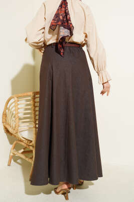 Bel Lastikli Kemerli Kot Etek Kahve - Etek