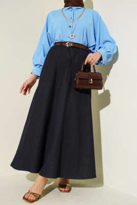 Bel Lastikli Kemerli Kot Etek Lacivert - ALİ AKKAYA