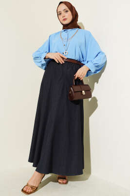 Bel Lastikli Kemerli Kot Etek Lacivert - Etek