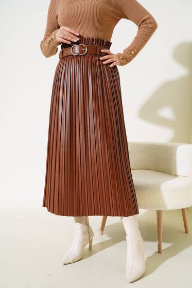 Bel Lastikli Kemerli Pliseli Deri Etek Taba - Etek