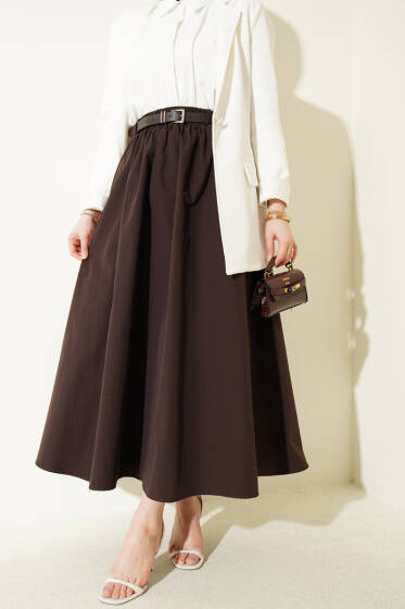 Bel Lastikli Kemerli Poplin Etek Acı Kahve - Etek