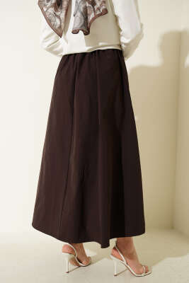 Bel Lastikli Kemerli Poplin Etek Acı Kahve - Etek