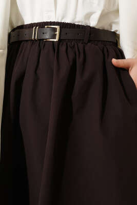 Bel Lastikli Kemerli Poplin Etek Acı Kahve - Etek