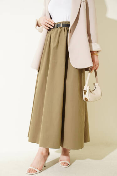 Bel Lastikli Kemerli Poplin Etek Çağla Yeşili - Etek