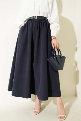 Bel Lastikli Kemerli Poplin Etek Lacivert - DUFON