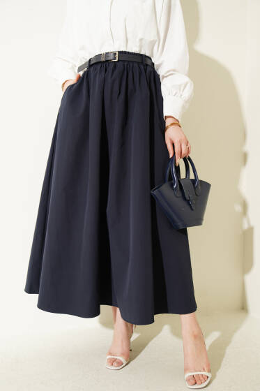 Bel Lastikli Kemerli Poplin Etek Lacivert - Etek