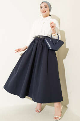 Bel Lastikli Kemerli Poplin Etek Lacivert - Etek