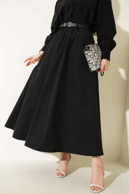 Bel Lastikli Kemerli Poplin Etek Siyah - DUFON