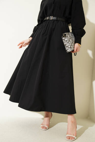 Bel Lastikli Kemerli Poplin Etek Siyah - Etek
