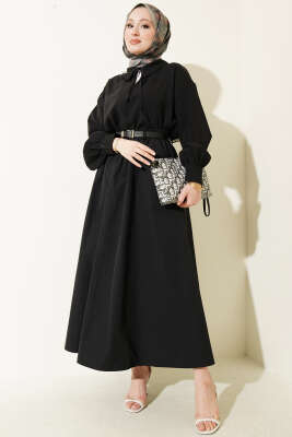 Bel Lastikli Kemerli Poplin Etek Siyah - Etek