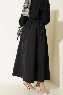 Bel Lastikli Kemerli Poplin Etek Siyah - Etek