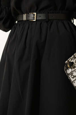 Bel Lastikli Kemerli Poplin Etek Siyah - Etek