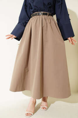 Bel Lastikli Kemerli Poplin Etek Vizon - DUFON