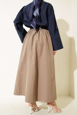 Bel Lastikli Kemerli Poplin Etek Vizon - Etek