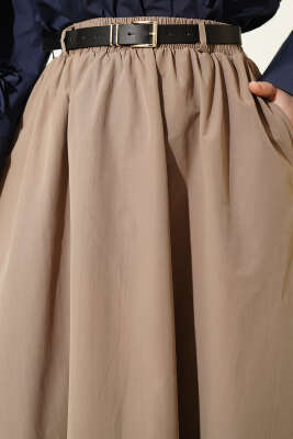 Bel Lastikli Kemerli Poplin Etek Vizon - Etek