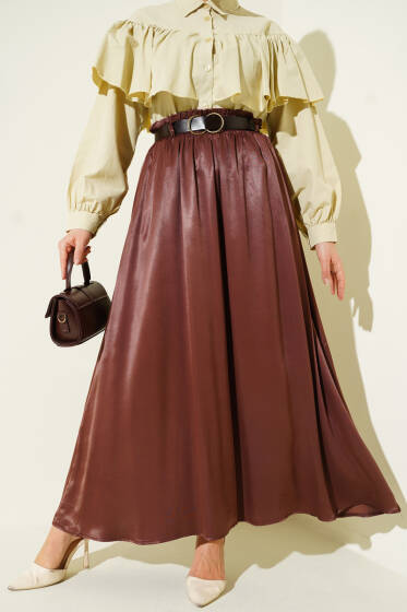 Bel Lastikli Kemerli Saten Etek Kahve - Etek