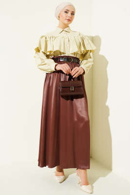 Bel Lastikli Kemerli Saten Etek Kahve - Etek