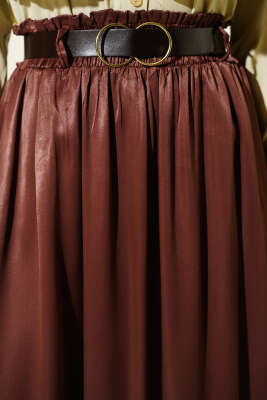 Bel Lastikli Kemerli Saten Etek Kahve - Etek