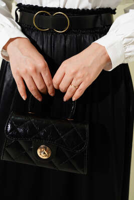 Bel Lastikli Kemerli Saten Etek Siyah - Etek