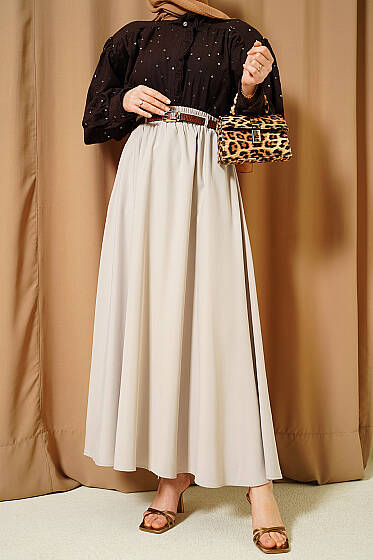 Bel Lastikli Kemerli Tensel Etek Bej - Etek