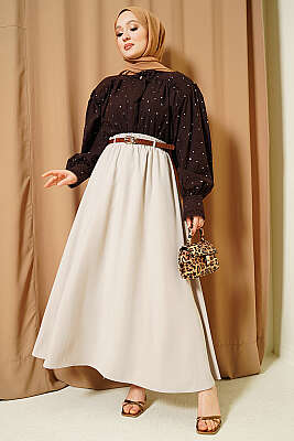 Bel Lastikli Kemerli Tensel Etek Bej - Etek