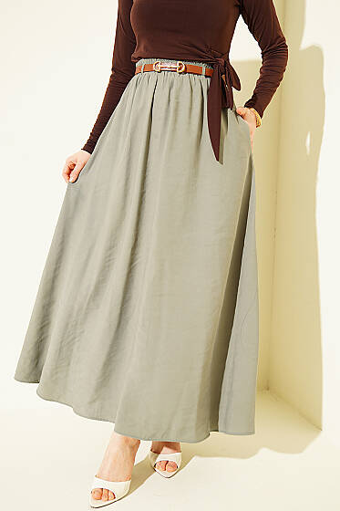 Bel Lastikli Kemerli Tensel Etek Çağla Yeşili - Etek