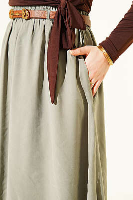 Bel Lastikli Kemerli Tensel Etek Çağla Yeşili - Etek