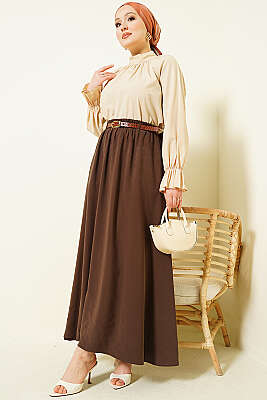Bel Lastikli Kemerli Tensel Etek Kahve - Etek