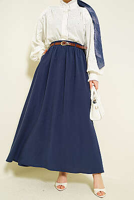 Bel Lastikli Kemerli Tensel Etek Lacivert - BERAT TEKSTİL