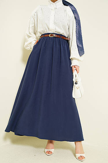 Bel Lastikli Kemerli Tensel Etek Lacivert - Etek