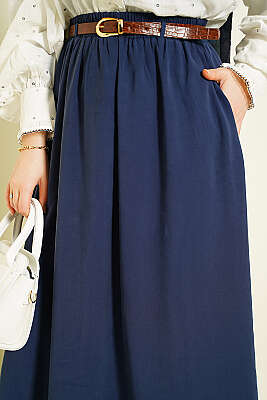 Bel Lastikli Kemerli Tensel Etek Lacivert - Etek