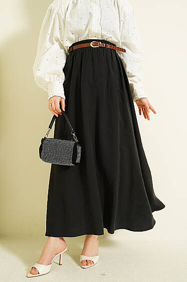 Bel Lastikli Kemerli Tensel Etek Siyah - Etek