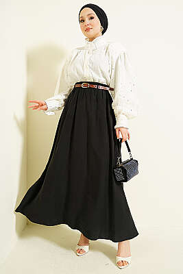 Bel Lastikli Kemerli Tensel Etek Siyah - Etek