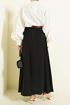 Bel Lastikli Kemerli Tensel Etek Siyah - Etek