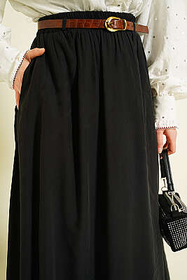 Bel Lastikli Kemerli Tensel Etek Siyah - Etek