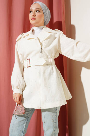 Bel Lastikli Kendinden Kemerli Ceket Krem - Ceket