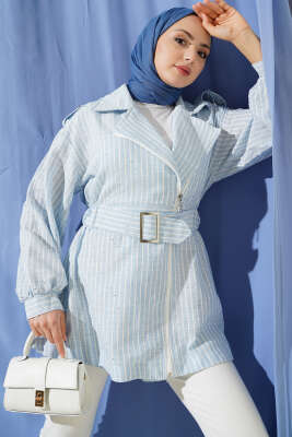 Bel Lastikli Kendinden Kemerli Ceket Mavi - ZAMANE (QSS)